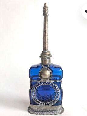 Vintage Campomar Cobalt Blue Glass & Metal Overlay Perfume Sprinkler Bottle